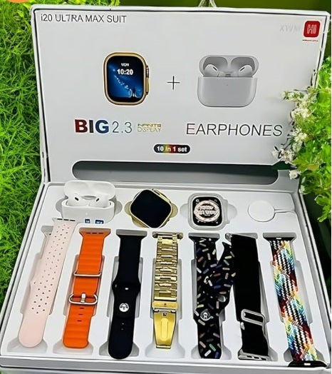I20 Ultra Max Smart Watch 2.3 Inch Large Screen 10 in 1 Box with 7 Straps and AirPods 2