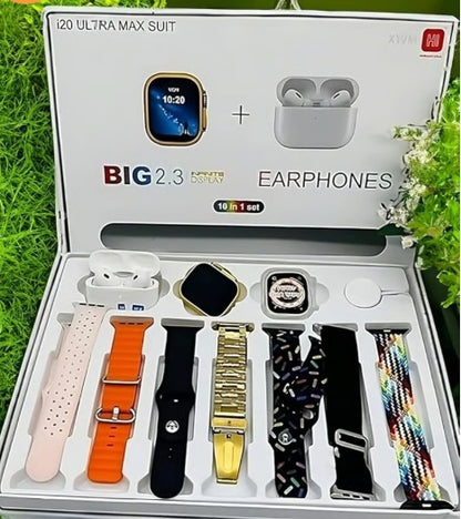 I20 Ultra Max Smart Watch 2.3 Inch Large Screen 10 in 1 Box with 7 Straps and AirPods 2