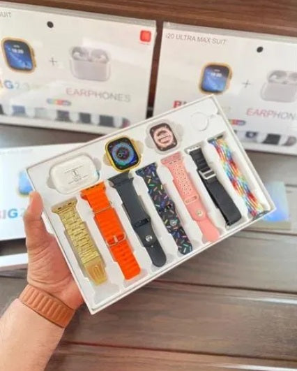 I20 Ultra Max Smart Watch 2.3 Inch Large Screen 10 in 1 Box with 7 Straps and AirPods 2