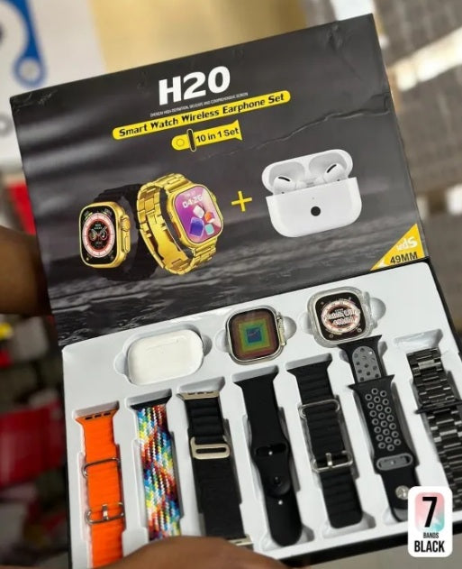 H20 Ultra Smartwatch 10 in 1 with 7 Straps, Silicone Case, Earbuds, and Full HD Display