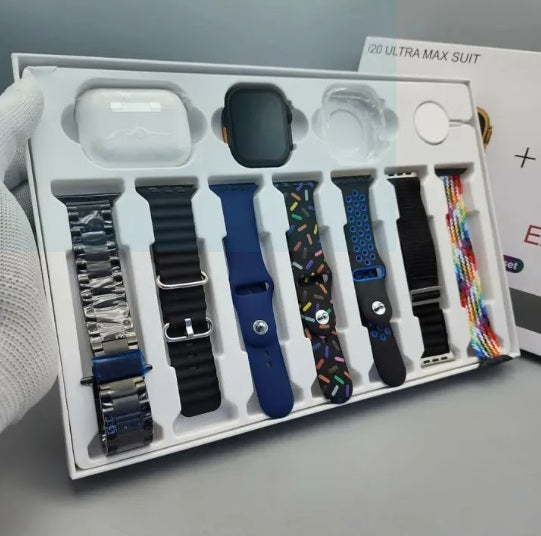 I20 Ultra Max Smart Watch 2.3 Inch Large Screen 10 in 1 Box with 7 Straps and AirPods 2